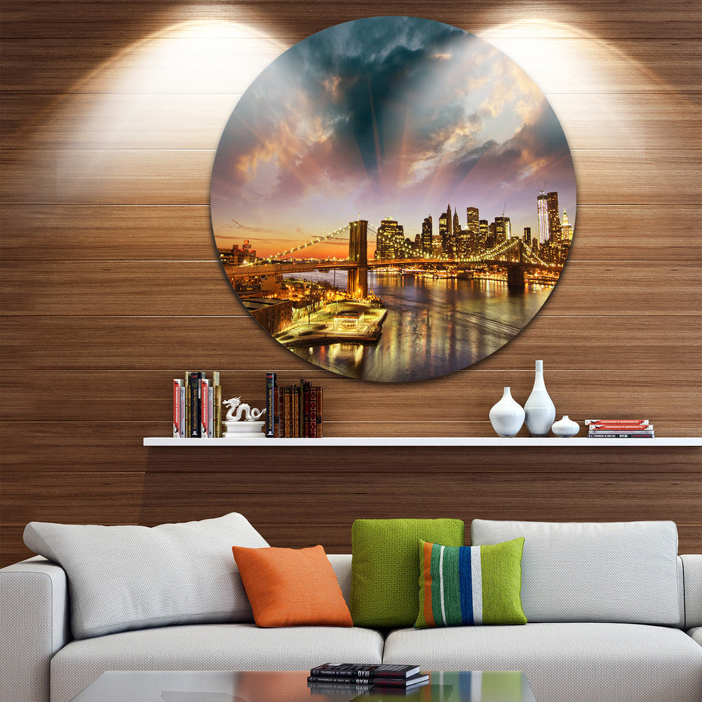Manhattan At Winter Sunset, Cityscape Photo Disc Metal Wall Art, 23"