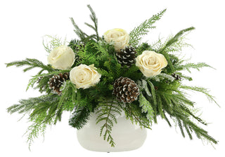 Rose, Evergreen and Cedar Holiday Arrangement in a Ceramic Pot