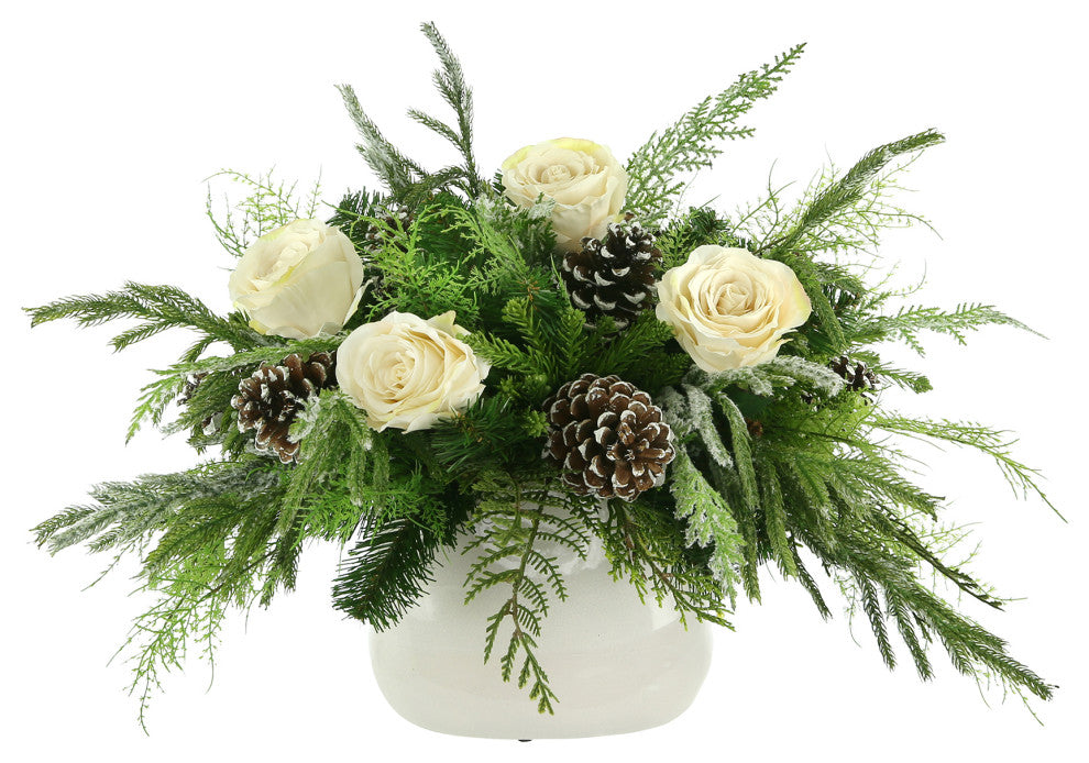Rose, Evergreen and Cedar Holiday Arrangement in a Ceramic Pot