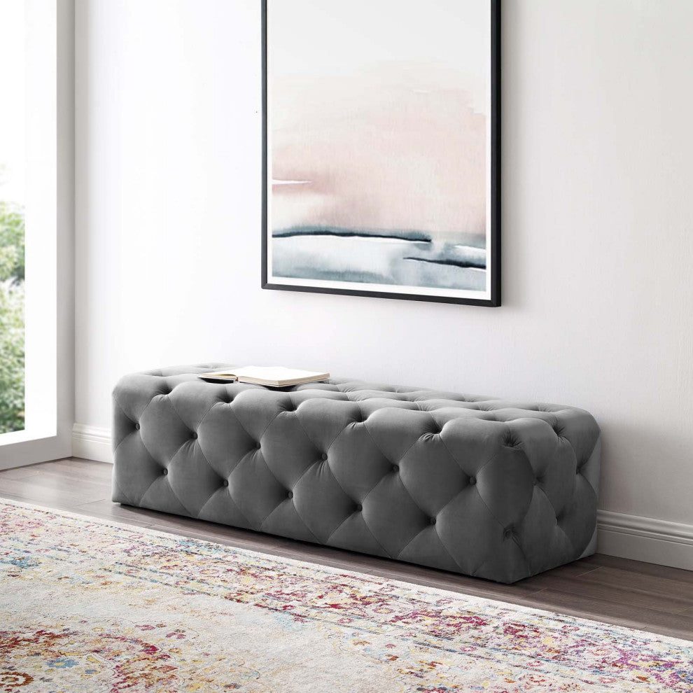 Tufted Accent Chair Bench, Velvet, Gray, Modern, Living Lounge Hospitality