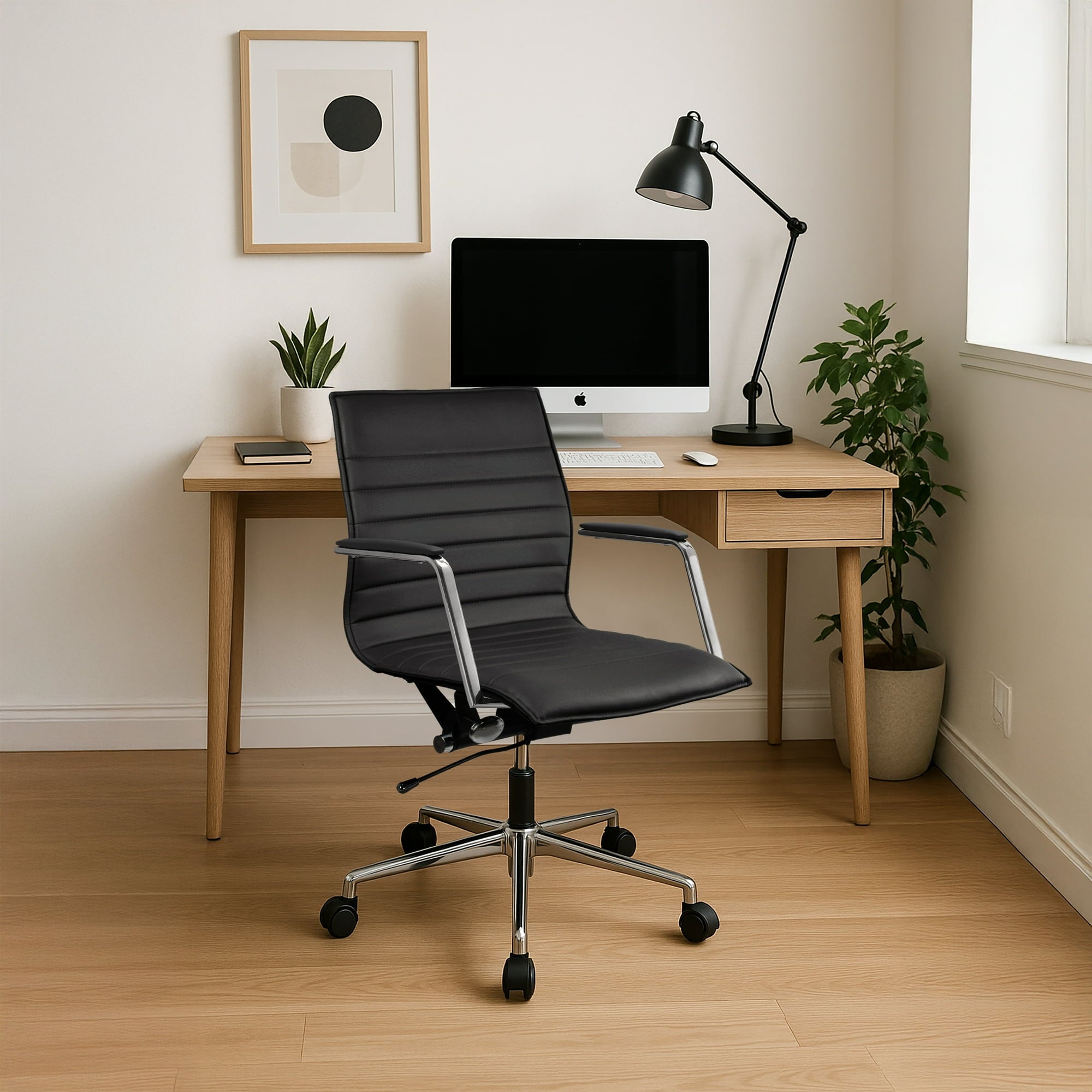 Modern Office Arm Chair With Wheels  Mid Back Ribbed PU Leather Adjustable, Black