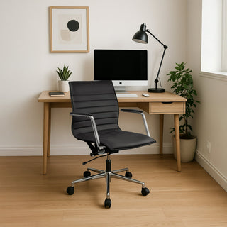 Modern Office Arm Chair With Wheels  Mid Back Ribbed PU Leather Adjustable, Black