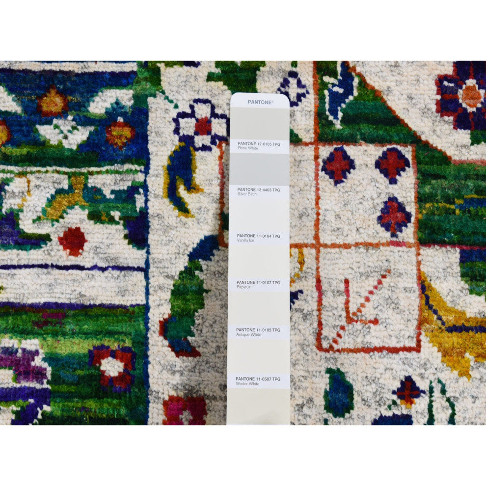 Ivory Sari Silk Colorful Mamluk Design Hand Knotted Oriental Rug 9'x12'1"