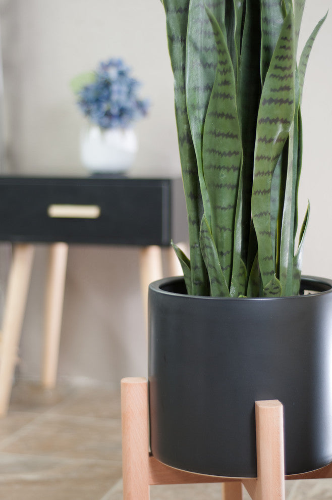 Large Ceramic Cylinder Planter 10'' Black With Wood Plant Stand Natural Color