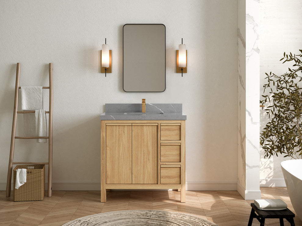 Elizabeth 36 Center Sink Bath Vanity in Light Natural Teak 2" Piatra Gray