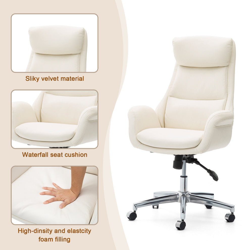 Mid-Century Leatherette Adjustable Swivel High Back Office Chair, Cream White