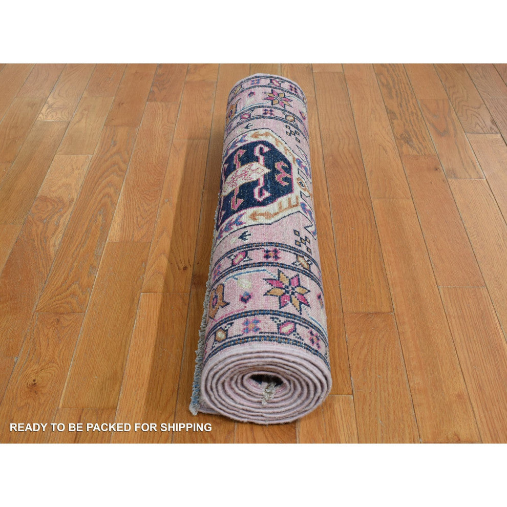 Pastel Pink Hand Knotted Afghan Super Kazak Pure Wool Runner Rug, 2'8"x8'10"