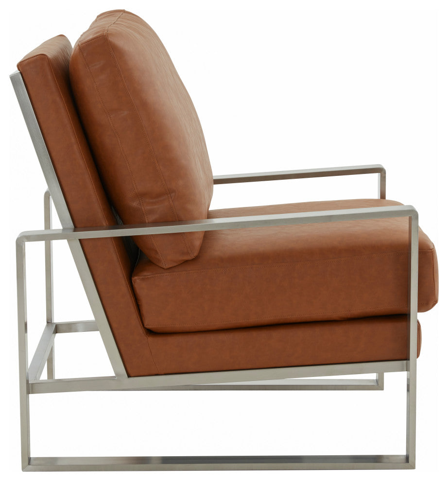 LeisureMod Jefferson Arm Chairs With Silver Frame and Coffee Table, Cognac Tan