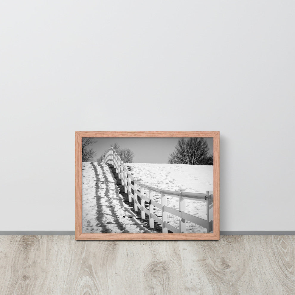 Endless Fences in Black & White Rural Landscape Framed Photo Paper Art Prints, Red Oak, 12" X 16"
