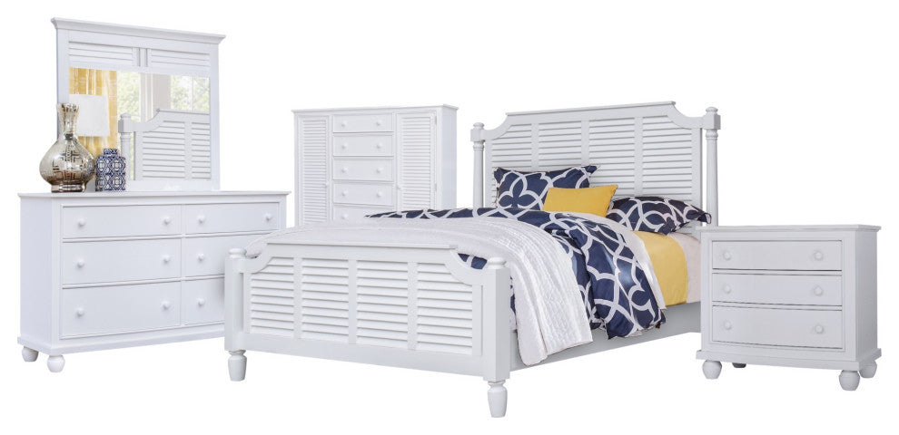 White Shutter Wood 5 Piece Queen Bedroom Set, 3 Drawer Nightstand