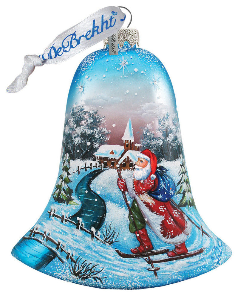 Hand Painted Scenic Glass Ornament Santa On Ski Bell
