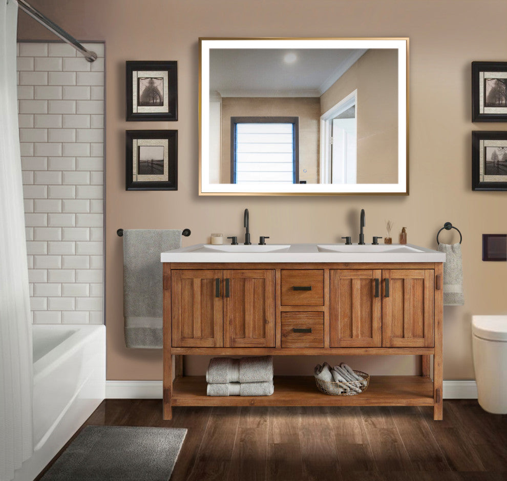 LED Lighted Bathroom Frame Mirror With Defogger, Gold, 48"x36"