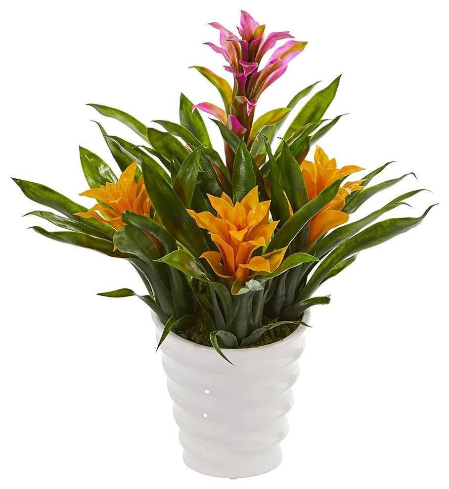 Bromeliad Artificial Plant, White Vase, Purple Yellow