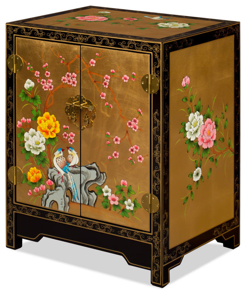 Gold Leaf Chinoiserie Bird and Flower Oriental Cabinet