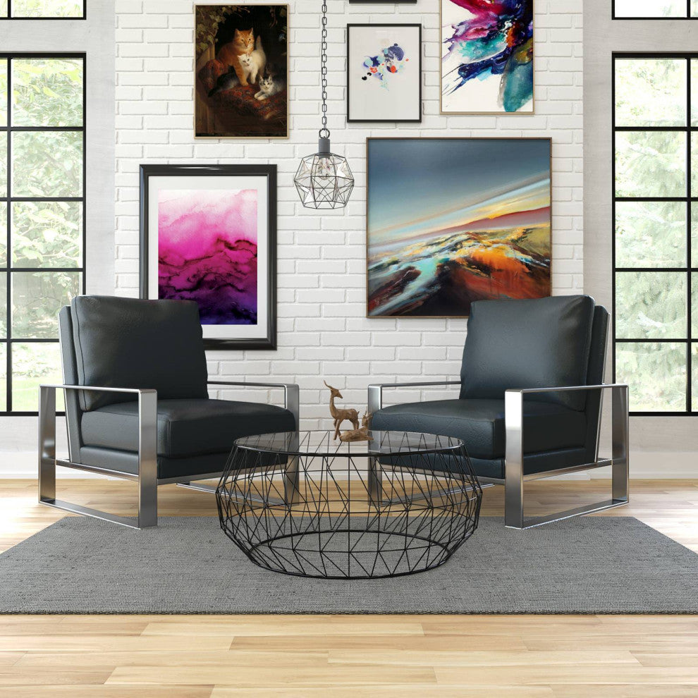 LeisureMod Jefferson 3-Piece Set With Coffee Table and 2 Arm Chairs, Black