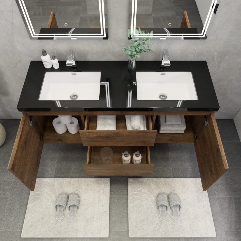 Belli 60" Double Sink Wall Mount Vanity Set, Rosewood, Matt Black Top