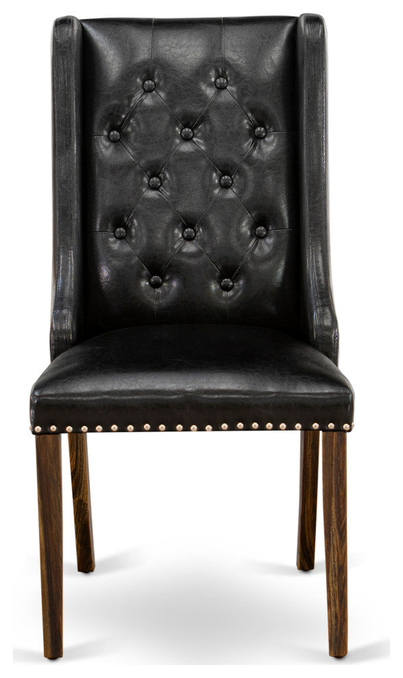 Black Dining Chair, Button Tufted Back, Wood Legs, Set of 2