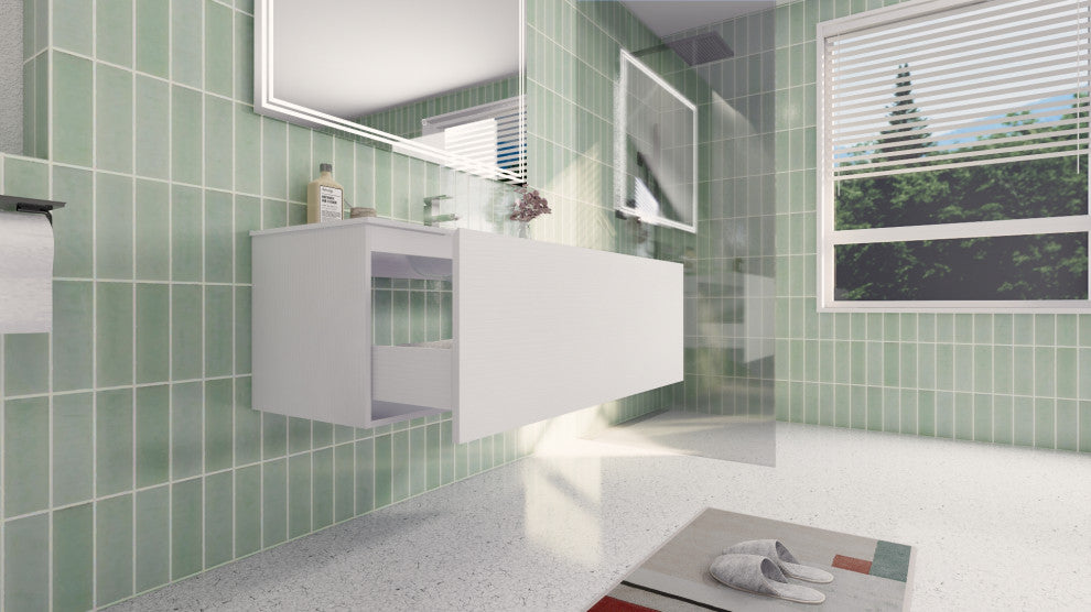 AIPO Wall-Mount Vanity Set With LED Mirror, Faucet, Drain, Matte White, 48" Sing
