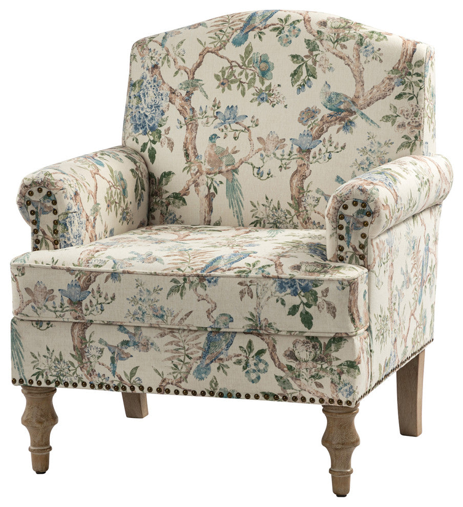 Lamber Wooden Upholstered Armchair With Camelback, Bird