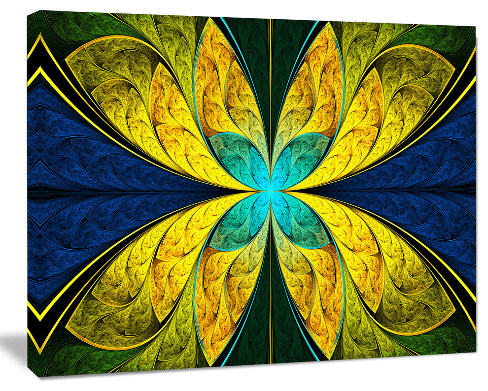 Bright Yellow Blue Fractal Flower, Floral Canvas Art Print, 20"x12"