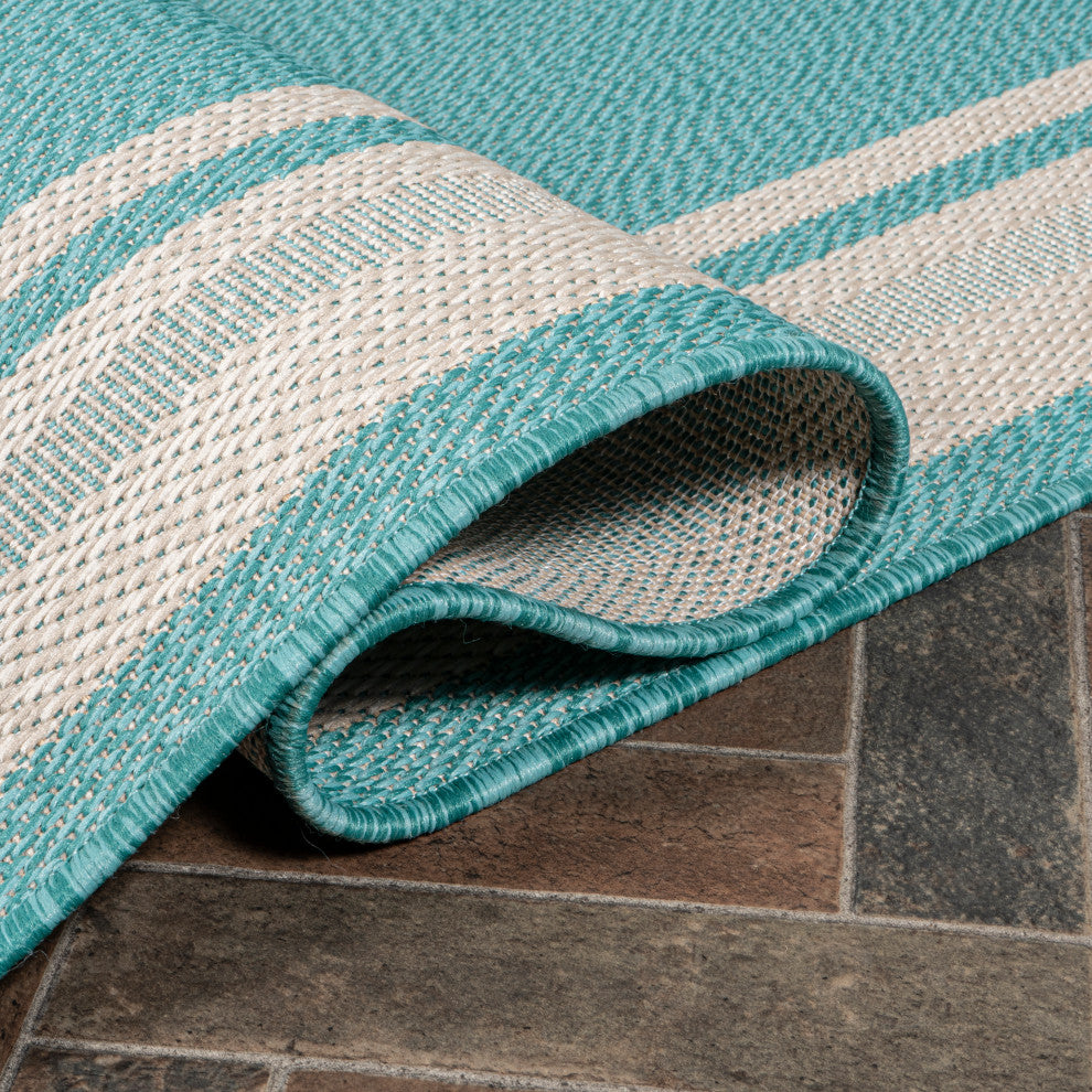 James Modern Border Stripe Indoor/Outdoor Area Rug, Aqua/Beige, 8x10