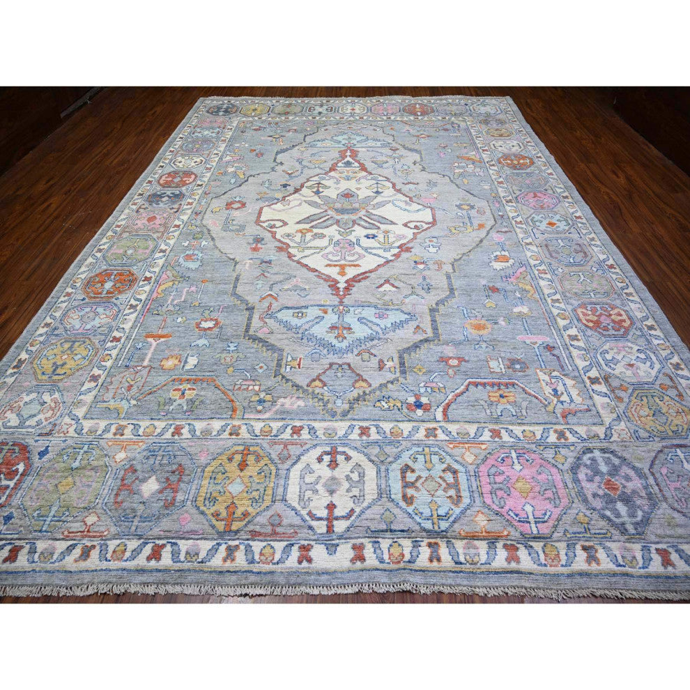 Cloud Gray Anatolian Village Inspired Wool Hand knotted Oriental Rug 10'1"x13'9"