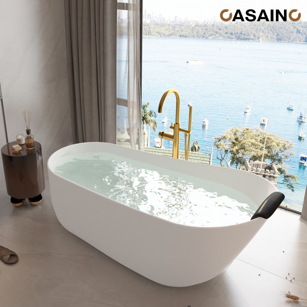 59in White Solid Surface Freestanding Soaking Bathtub with Drain, 67in