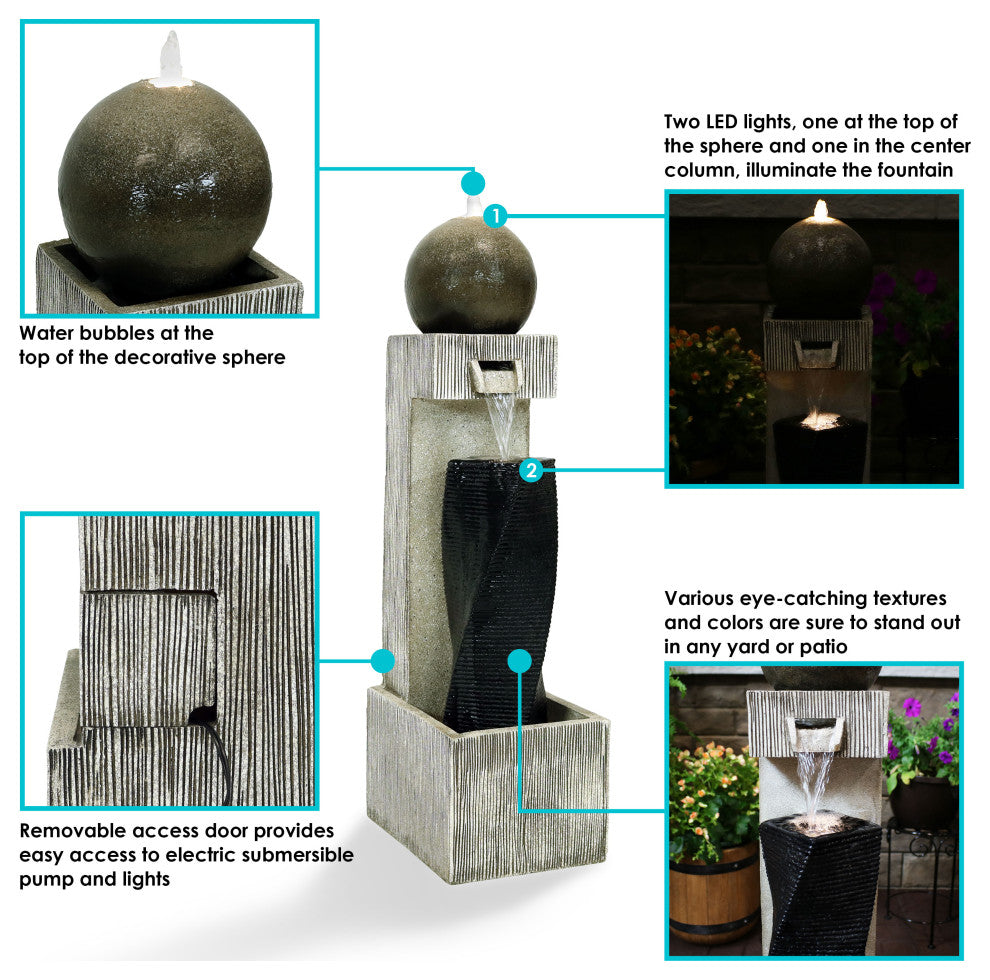 Sunnydaze Modern Vogue Outdoor Water Fountain 35" Garden Water Feature With LED
