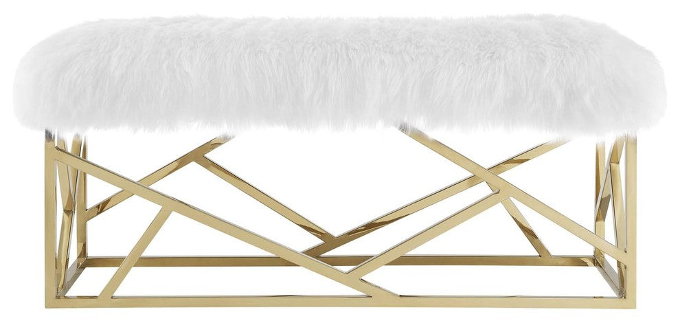 Modway Intersperse Sheepskin Bench, Gold White
