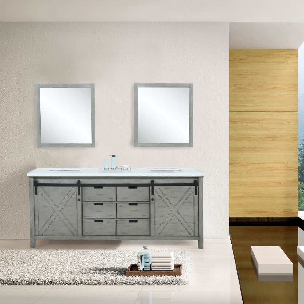 Marsyas 84" Ash Gray Double Vanity Cabinet Quartz Top Sinks, 34" Wall Mirrors