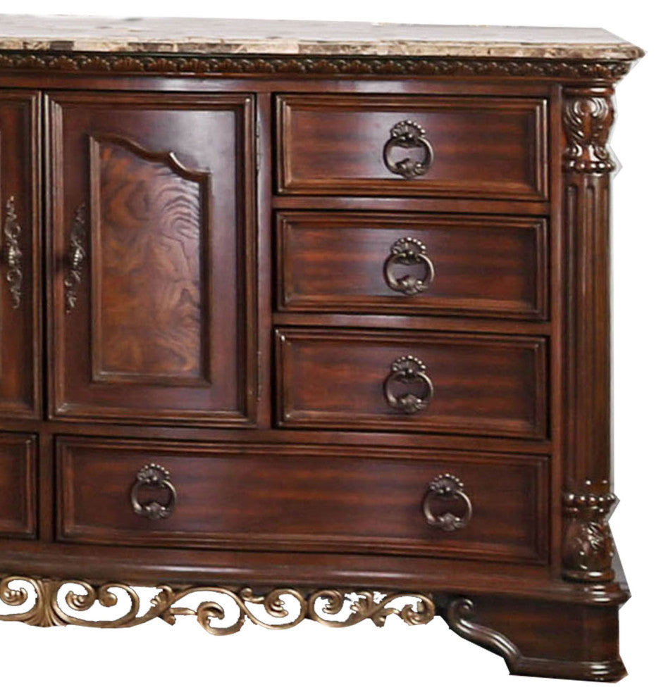 8 Drawer Wooden Dresser with 2 Door Cabinet and Marble Top, Brown