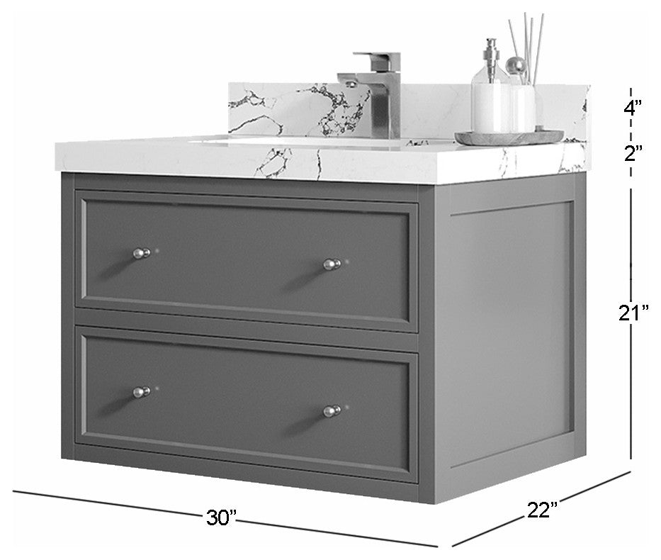 Roswell Floating 30" Single Sink Bath Vanity, Black 2" Calacatta Gold