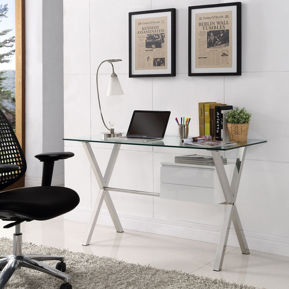 Glass Top Computer Desk, "William's Way", White