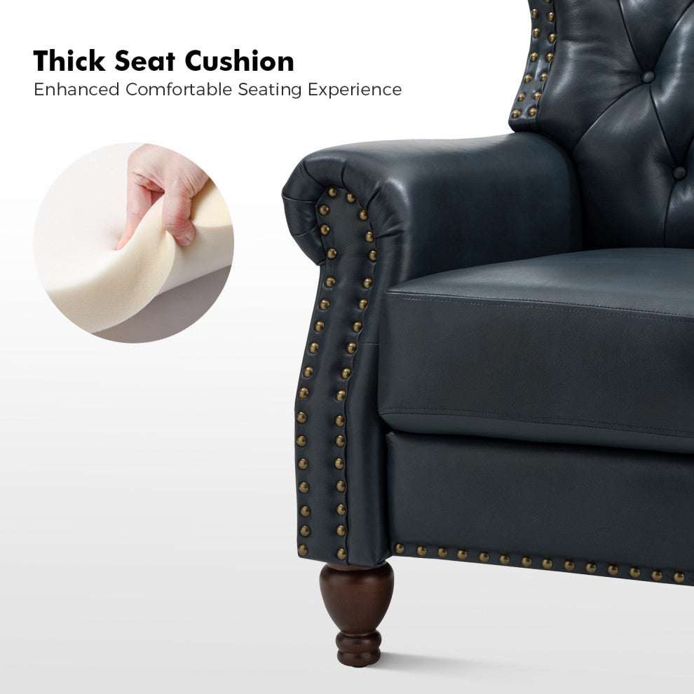 34.5"W Transitional Style Genuine Leather Recliner With Nailhead Trims, Navy
