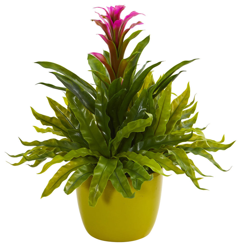 Nearly Natural Bromeliad and Fern Artificial Plant in Green Vase Purple