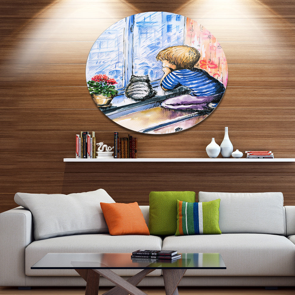Little Boy And Cat Watching City, Modern Portrait Round Wall Art, 11"