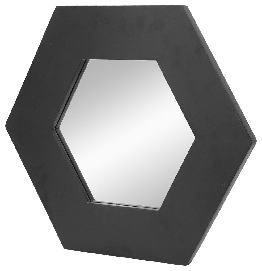 Gewnee 18.5"x18.5" Hexagon Mirror With Natural Wood Frame, Black