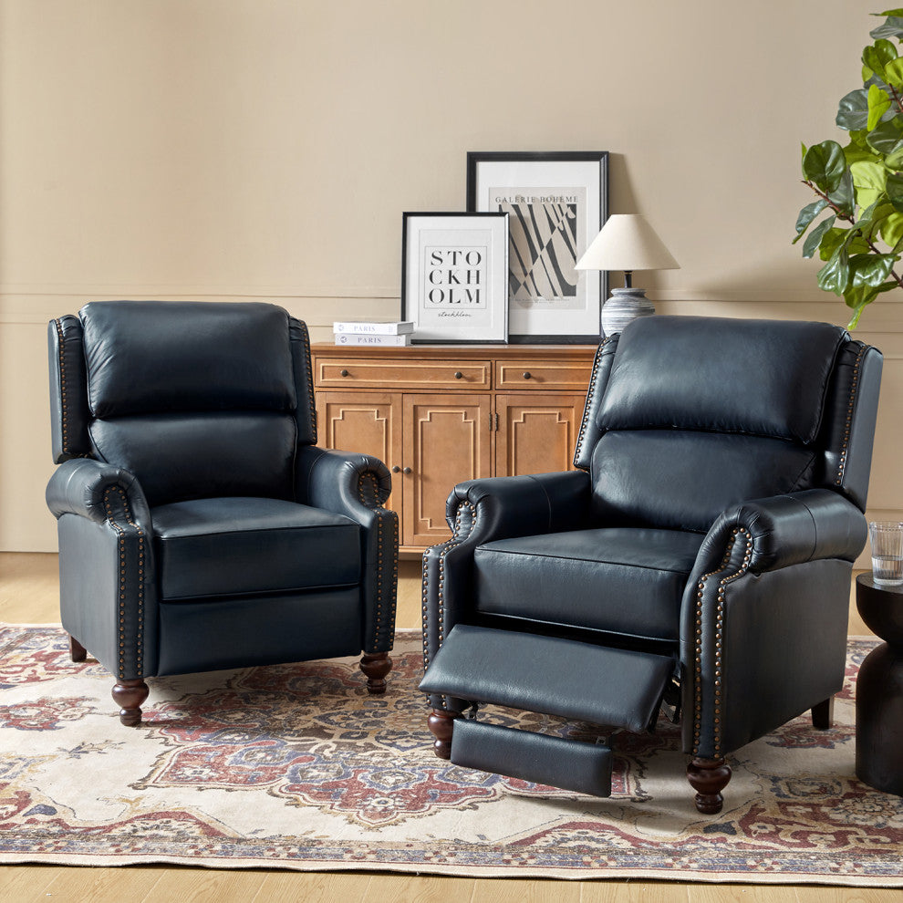 Genuine Leather Cigar Recliner With Nail Head Trim, Navy
