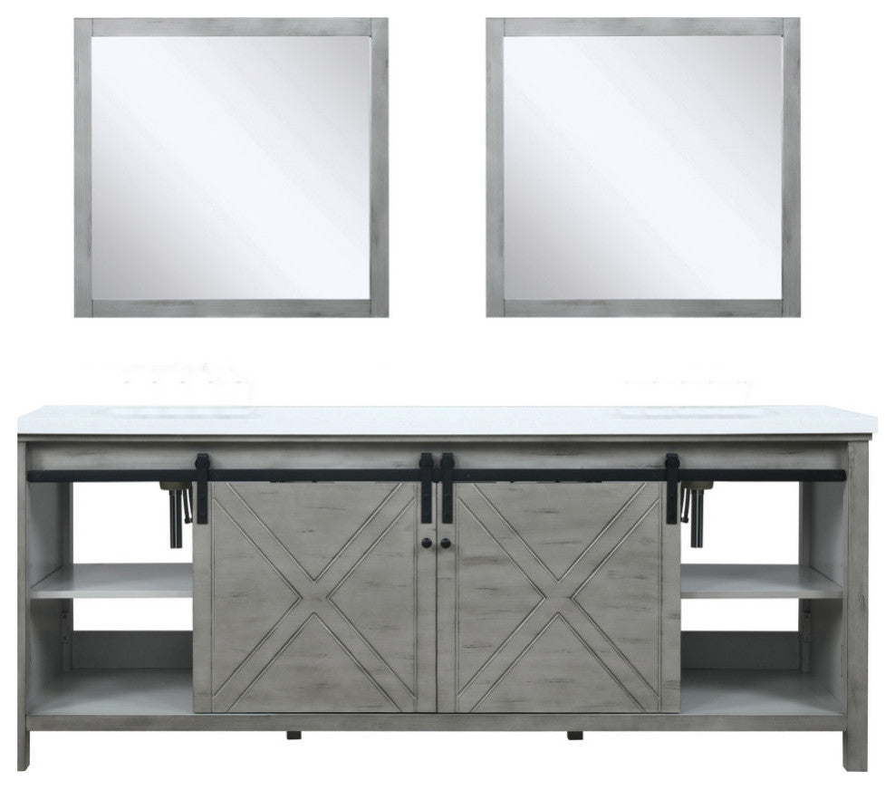 Marsyas 84" Ash Gray Double Vanity Cabinet Quartz Top Sinks, 34" Wall Mirrors