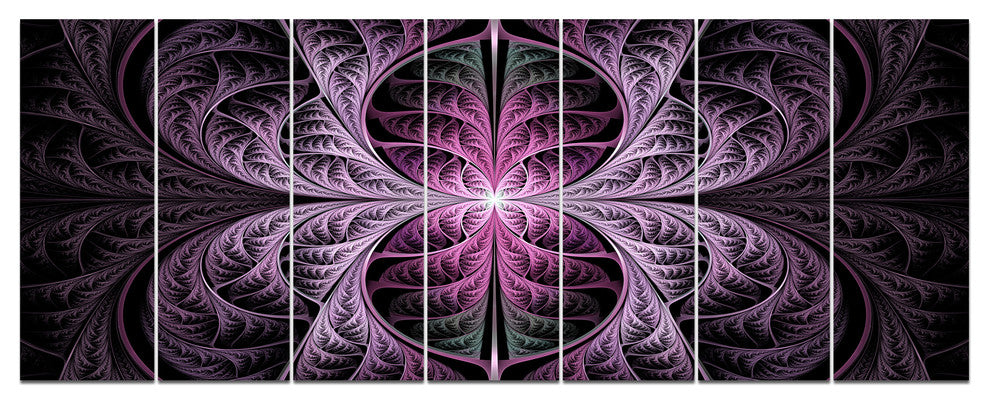 Purple Glowing Fractal Stained Glass, Abstract Canvas Print, 83"x32", 7 Panels