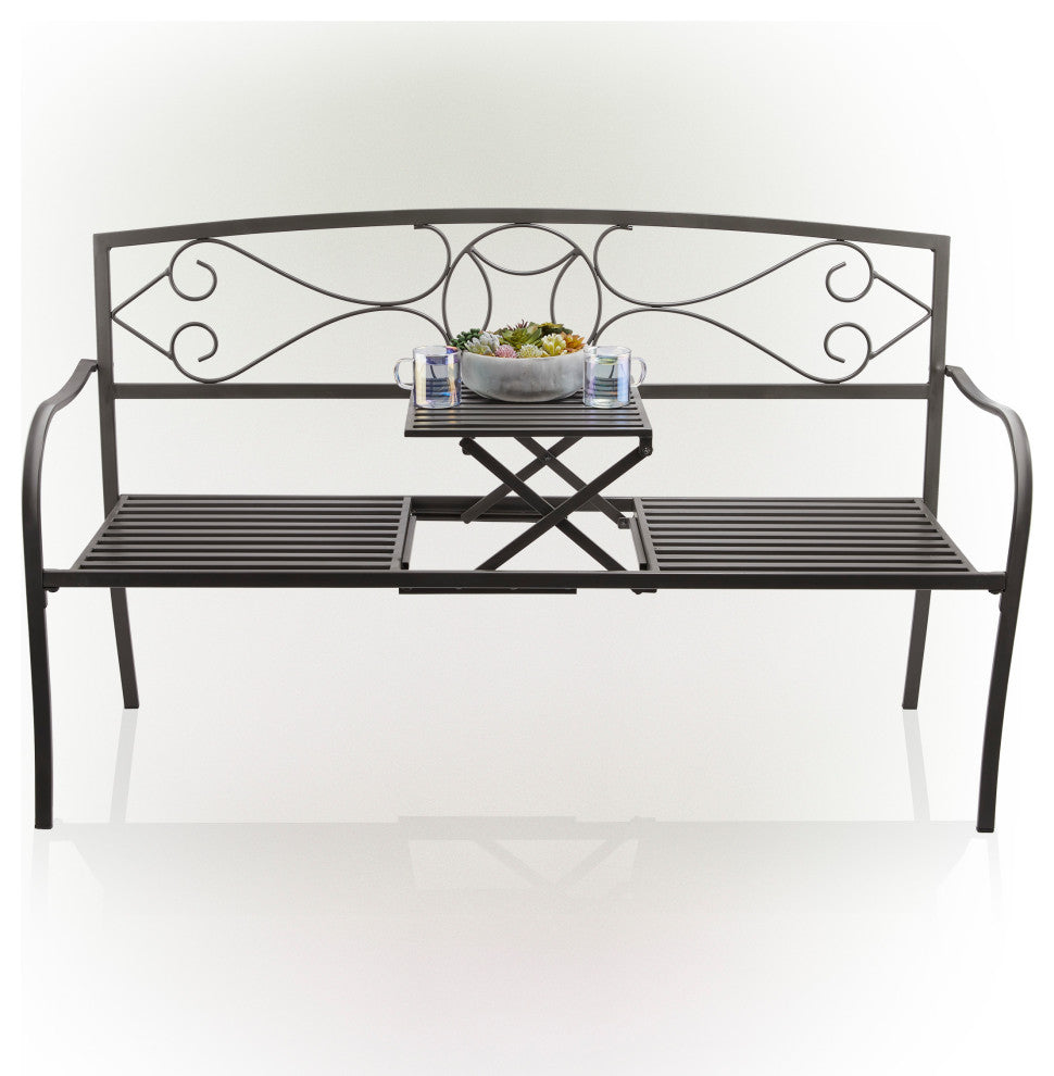Metal Garden Bench with Retractable Table