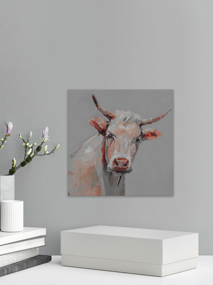 "Mischievous Cow" Painting Print on Wrapped Canvas, 12"x12"