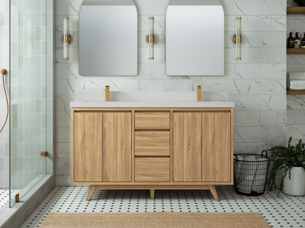 Madison Teak 60 Double Bathroom Vanity in Light Natural 2" Carrara Quartz