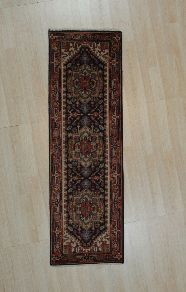 Hand-Knotted Wool Navy Traditional Oriental Serapi Rug, 2'6 X 10'