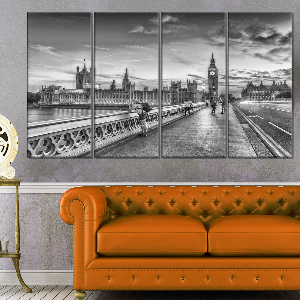 "Beautiful Black and White London View" Cityscape Wall Art, 48"x28", 4-Panels