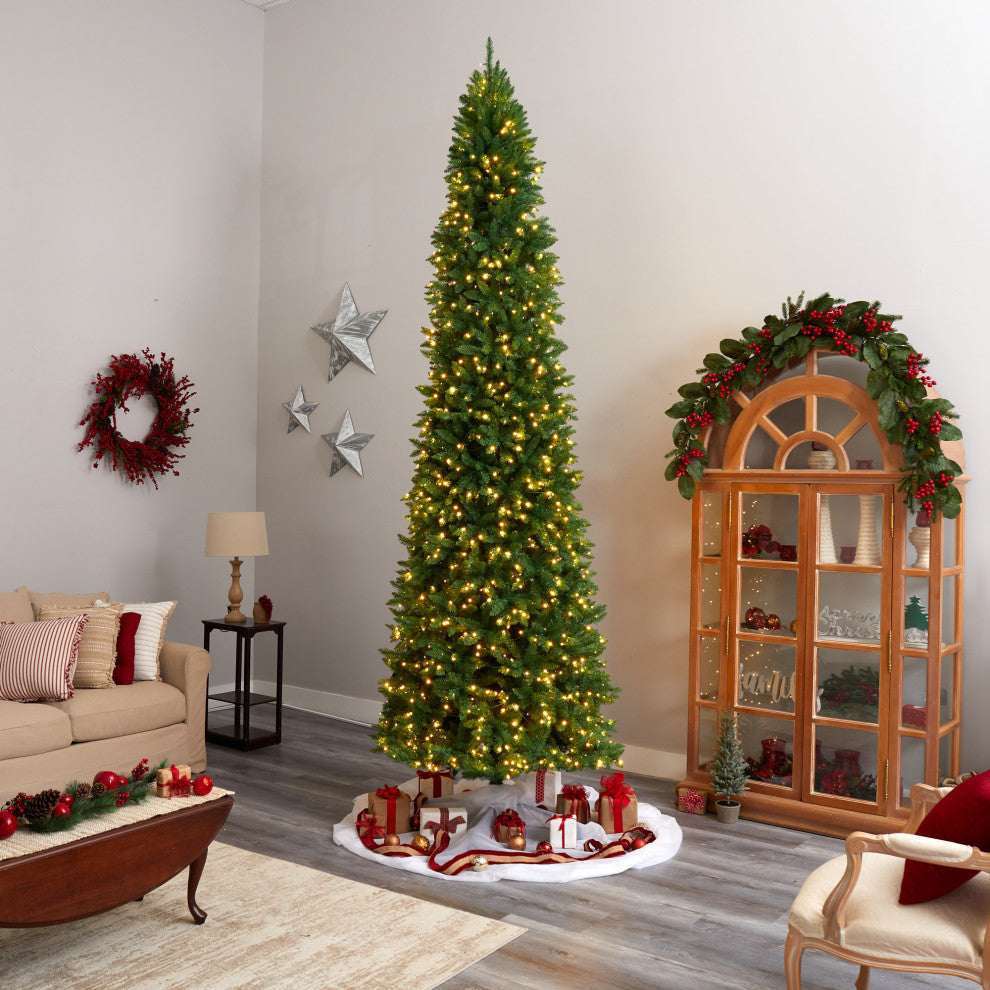 12' Slim Green Mountain Pine Christmas Tree, 1100 Clear LED Lights, 3235 Tips