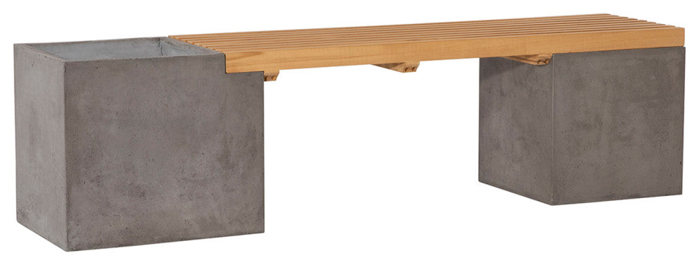 Outdoor Concrete and Teak Planter Bench