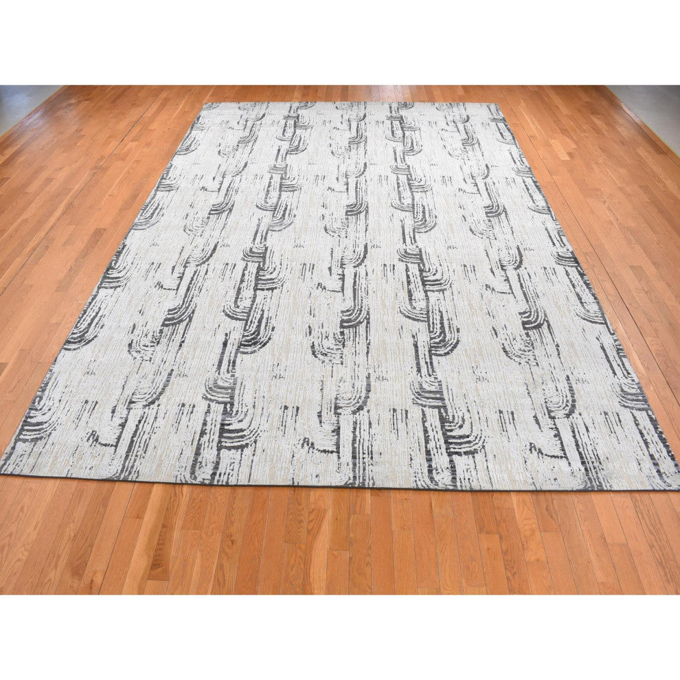 Cloud Gray, The Cane Design, Silk With Wool, Hand Knotted Rug, 10'x14'5"
