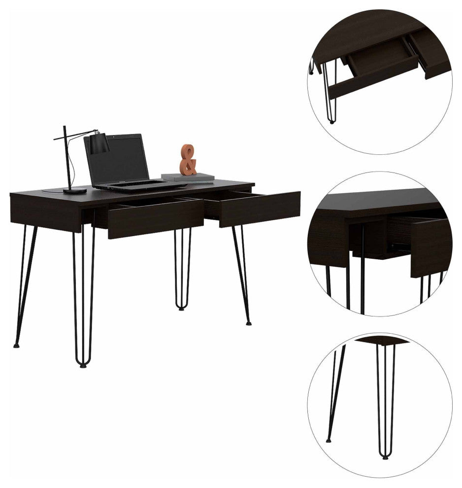 Oakland Writing Desk with 2 Drawers, Hairpin Legs, Black