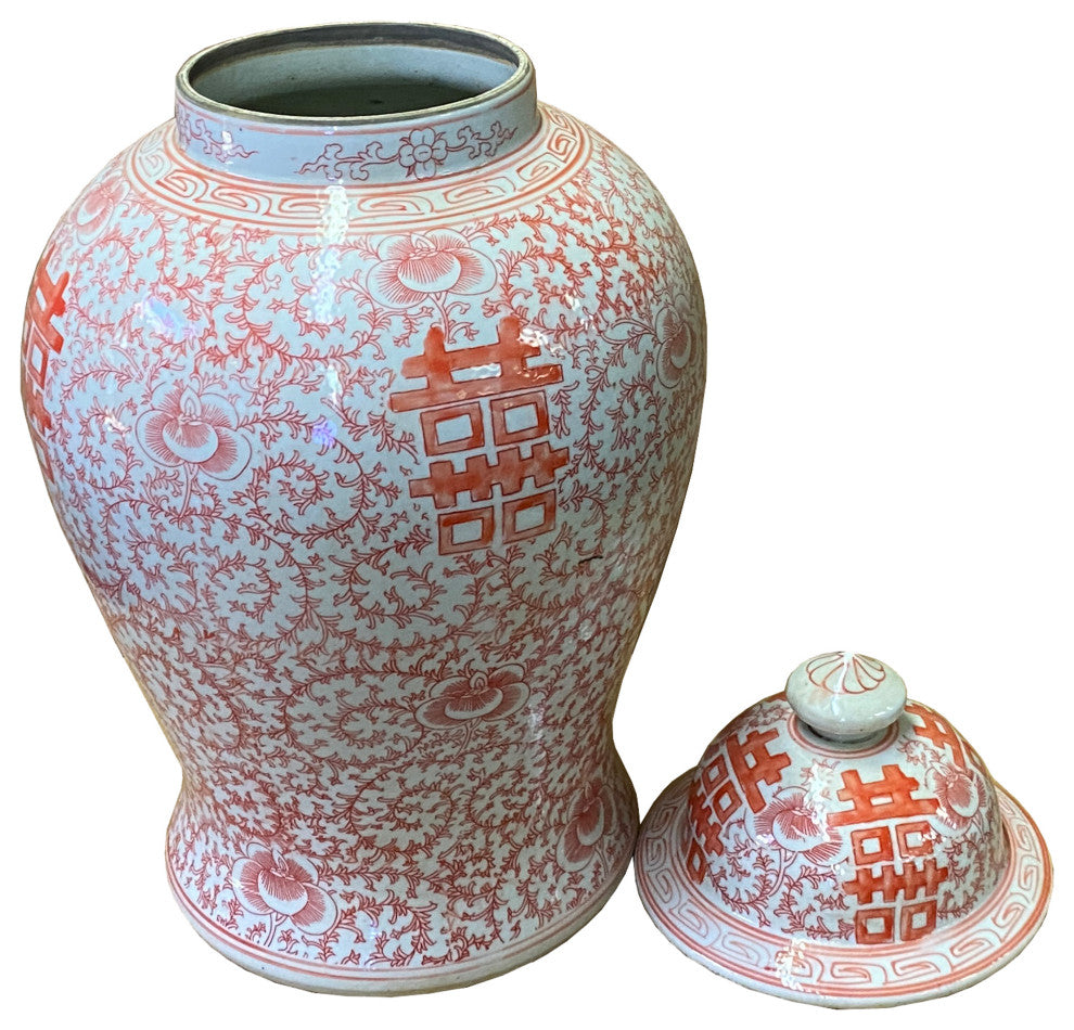 Chinese Coral Pink Red White Double Happiness Large Temple Jar Hcs7416